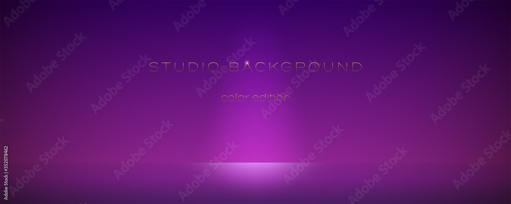 Pink violet empty studio with spotlights. Soft gradient. The rays of the searchlights on the wall and floor. Studio room for background, display brand or product. Color edition. Vector 3d illustration