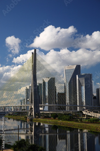 Octavio Frias de Oliveira Suspension Bridge over the Pinheiros River and Sao Paulo city skyline, Brazil