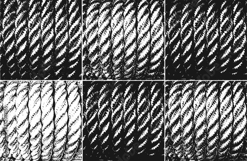Distress grunge vector texture of wicker rope. Black and white background.