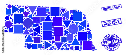 Vector mosaic Nebraska State map. Geographic plan in blue color shades, and corroded round and rectangle seal stamps. Abstract mosaic of Nebraska State map combined of round, triangles, photo