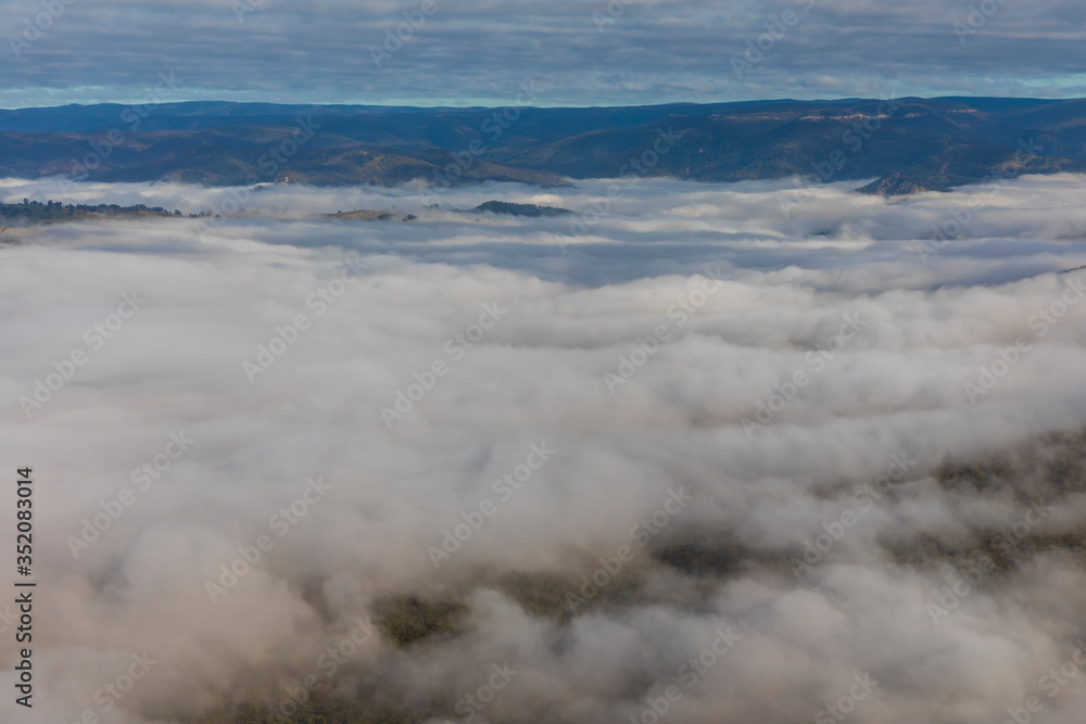Low level clouds in the Jamison Valley near Katoomba in The Blue Mountains in Australia