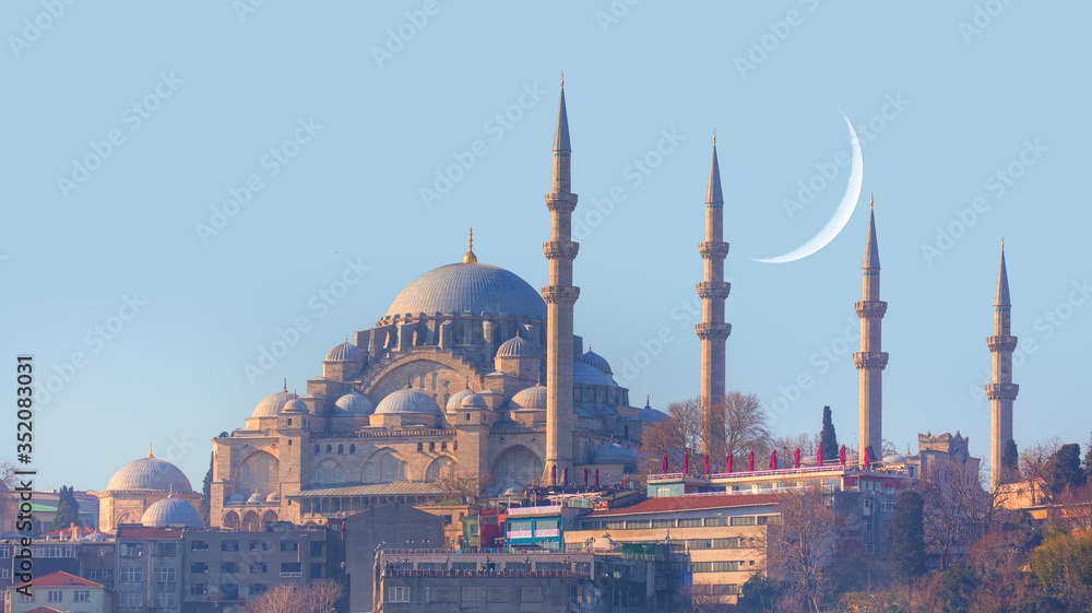 Fototapeta premium Suleymaniye Mosque with crescent located in Fatih - Istanbul, Turkey