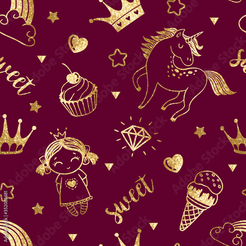 Seamless fairytale pattern with gold glitter clouds, cupcakes, princess, unicorn, rainbow and crowns. Magic purple cartoon background