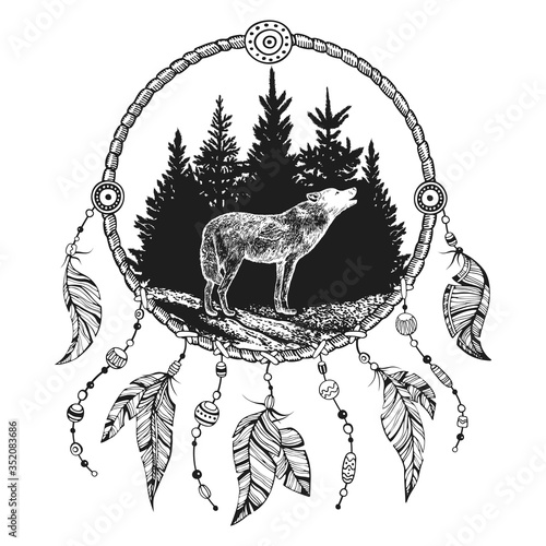 Vector background with dream catcher, howling wolf and forest. American indian symbol hand drawn illustration