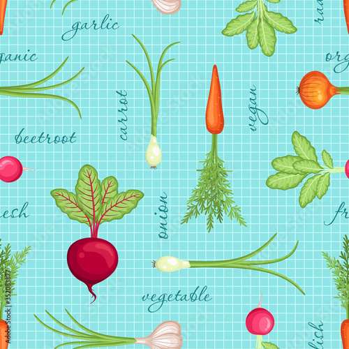 Seamless pattern with organic vegetables. Carrot, onion, garlic, radish, beet root on turquoise grid background