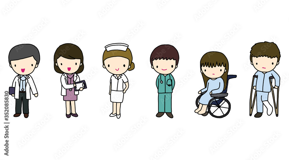 Doctors, Nurse and Patients. Vector doodle drawing Doctors, Nurse and Patients. Vector doodle drawing