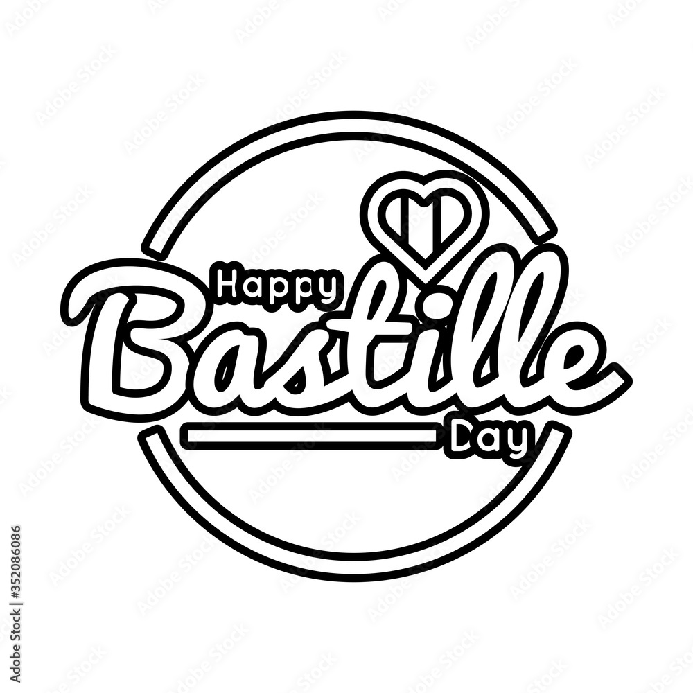 bastille day lettering with heart line style