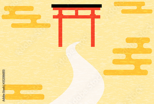 年賀状素材　初詣の鳥居と参道
