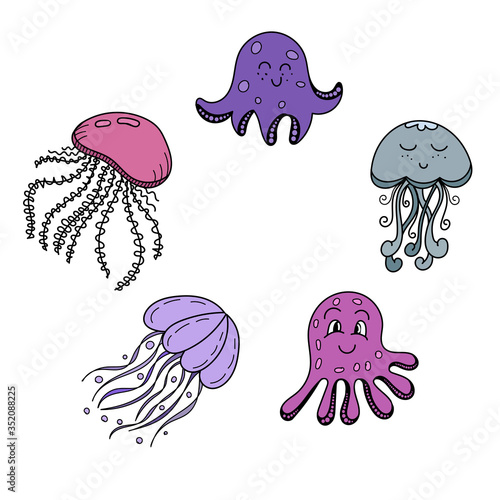 color vector element, black and white drawing of a marine inhabitant, cute sea jellyfish, octopus