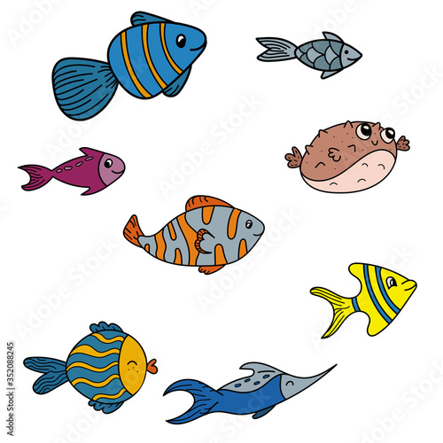 color vector set of doodle elements with marine inhabitants - fish