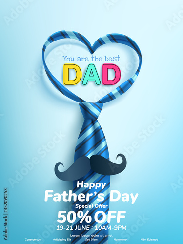 Father's Day Sale poster or banner template with heart shape by necktie on blue background.Greetings and presents for Father's Day in flat lay styling.Promotion and shopping template for love dad