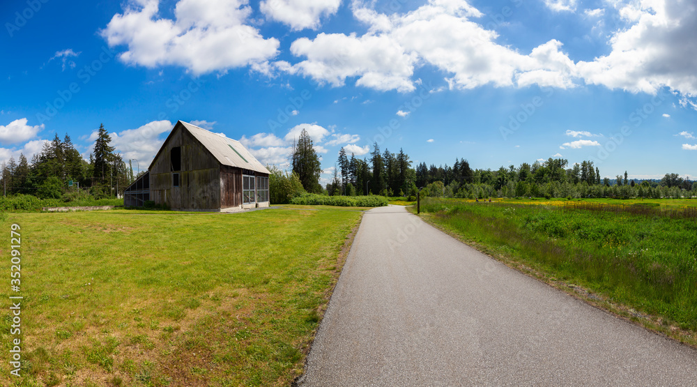 Beautiful Panoramic View of Trail in Nature with Green Trees during a sunny spring day. Taken in Tynehead Park, Surrey, Greater Vancouver, British Columbia, Canada. Beautiful Panoramic View of Trail in Nature with Green Trees during a sunny spring day. Taken in Tynehead Park, Surrey, Greater Vancouver, British Columbia, Canada.