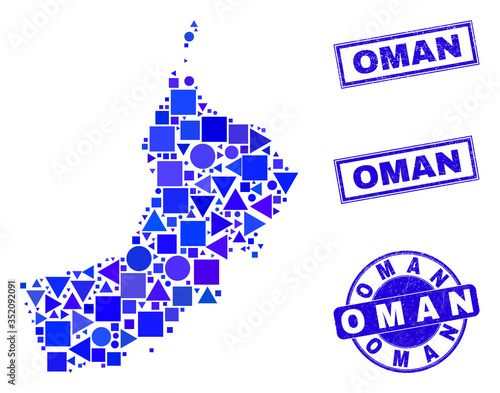 Vector mosaic Oman map. Geographic scheme in blue color tints  and rubber round and rectangle seal stamps. Abstract mosaic of Oman map constructed of round  triangles  square geometric items.