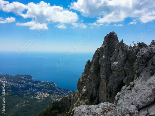 Ai-Petri mountain, Crimean mountains against the blue sky and clouds.