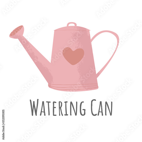 Hand drawn Watering can vector icon in flat cartoons style. Isolated on white background. Pink Gardening watering pot with heart stickers.