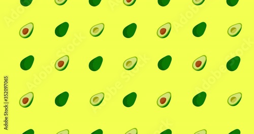 Avocado seamless vector pattern on a yellow background. Loop animation 4K