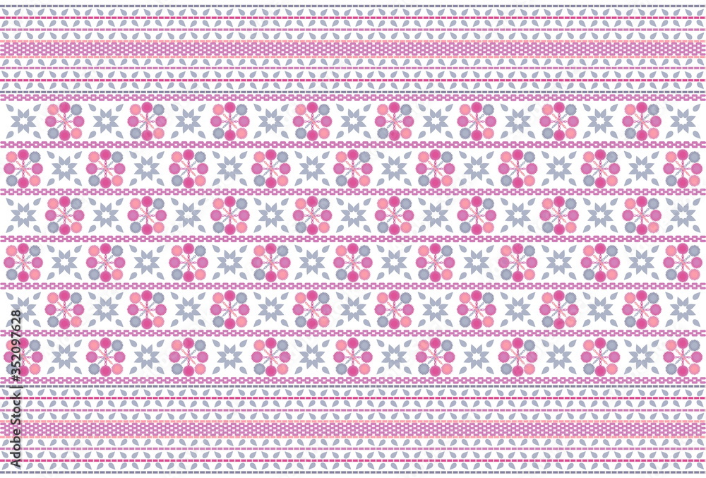 Seamless geometric pattern based on Thai hill tribe embroidery. Pink tone and grey texture on white background.  Idea for printing on fabric or wallpaper.