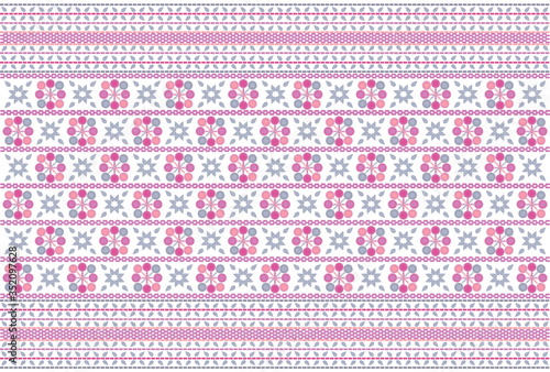 Seamless geometric pattern based on Thai hill tribe embroidery. Pink tone and grey texture on white background. Idea for printing on fabric or wallpaper.