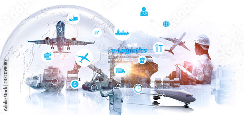 Business Logistics concept, Global business connection technology interface global partner connection of Container Cargo freight ship for Logistic Import Export background, internet of things