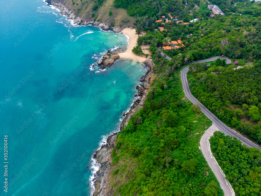 Aerial view of Promthep cape in Phuket Thailand during locked down policy due to Covid-19. Tourist destinations in Phuket are closed to public.