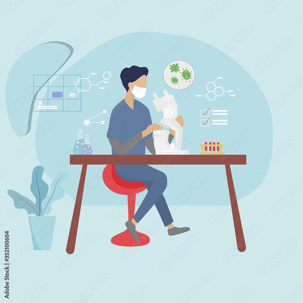 Science concept - Medical scientists are testing the Wuhan 2019-nCoV virus in the laboratory. Researchers researched DNA molecules with microscopy. Vector illustration in flat design style. Science concept - Medical scientists are testing the Wuhan 2019-nCoV virus in the laboratory. Researchers researched DNA molecules with microscopy. Vector illustration in flat design style.
