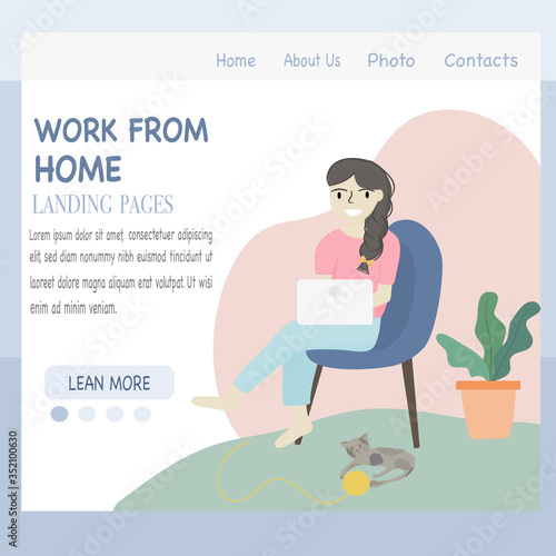 Coronavirus COVID-19 concept, Stay at home. Company employees can work at home to avoid dangerous viruses and reduce congestion.  Vector flat style illustration. Woman working on laptop at her house.