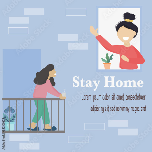 Stay home concept. People are quarantined or segregated in their homes to reduce the spread of the covid-19. House facade with windows. Vector flat design illustration.