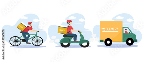Online delivery service and E-commerce concept. Fast shipping according to customers orders. Warehouse, truck, scooter and bicycle courier. Food service. delivery home and office. Vector illustration.
