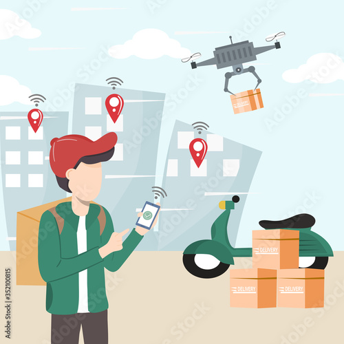 Modern logistics transportation and drone delivery service. Young man holds the robotic control box with the wireless remote to deliver the box to the people in the building. Shipping with copter.