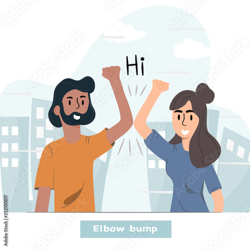 Elbow bump. Men and women use arms to greet each other. New greetings to avoid spreading the virus instead of touching the body. Vector flat design illustrations.