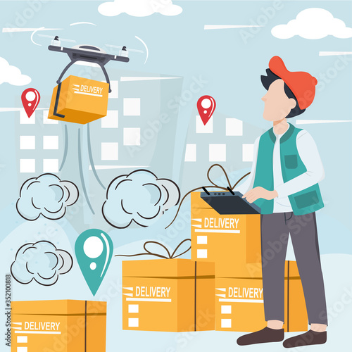 Modern logistics transportation and drone delivery service. Young man is controlling remote control drone to shipping by air to customers in the building. Using a box distribution copter. Vector.