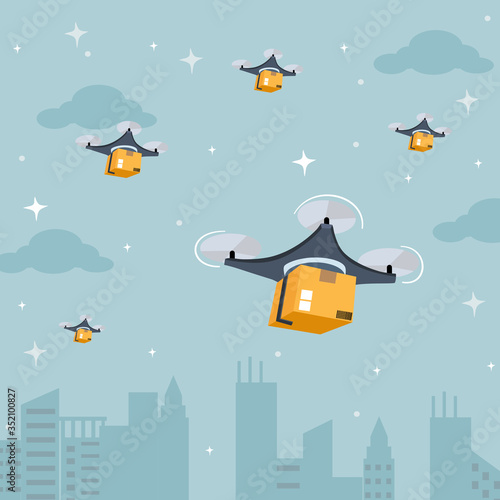 Drone delivery service. Quadcopter flies over tall buildings and carries parcels for delivery to customer at night. Modern logistic system fast transportation concept. Flat design vector illustration.