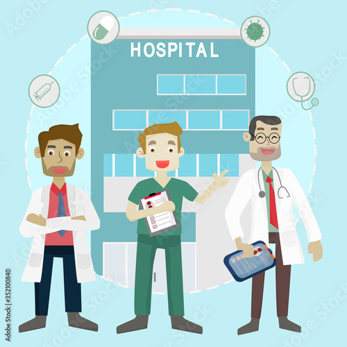 Medical consultation concept - Vector illustration of a medical team standing confidently with a hospital background. Flat cartoon vector illustration.