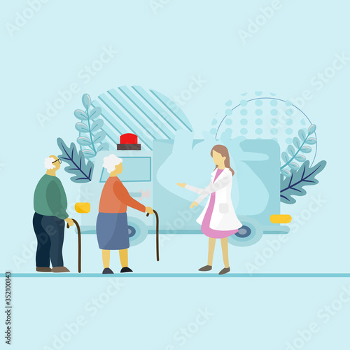 Illustration in flat style Old people and medical treatment, Grandfather and grandmother were walking to see the doctor in the examination room in the hospital. Social advertising, signboard, web.