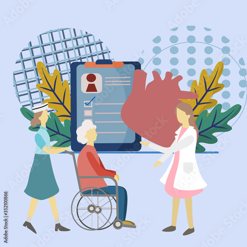 Medical vector,Abstract design graphic. Professional doctors are advising senior patients sitting on a wheelchair. Medical diagnostics and healthcare consultation app service