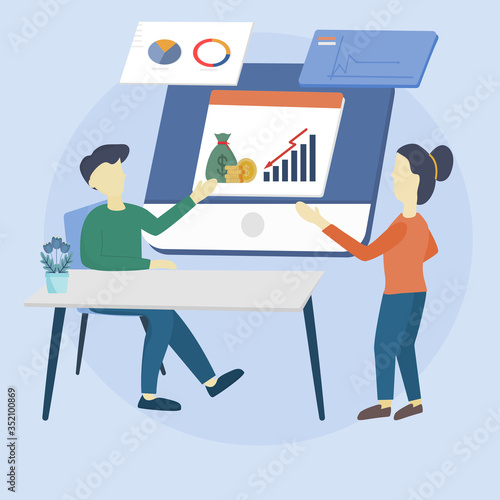 Flat design concept of meeting - Group of businessman with a time management plan apps work teamwork conference. Vector illustration for website banner, marketing material, business presentation.