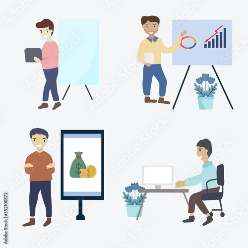 Businessman concept - Group of business people that are successful in working in the office effectively. Businessman with presentations and arrangements. Flat vector illustration.