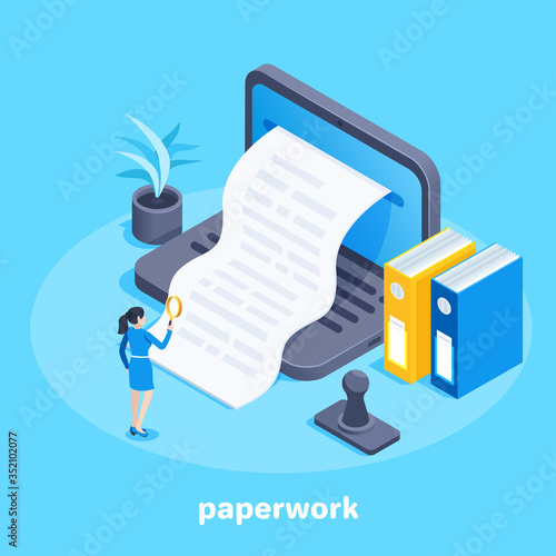 isometric vector image on a blue background, a woman with a magnifying glass stands in front of a laptop from the screen of which a paper document comes out, folders  and a signet, paperwork