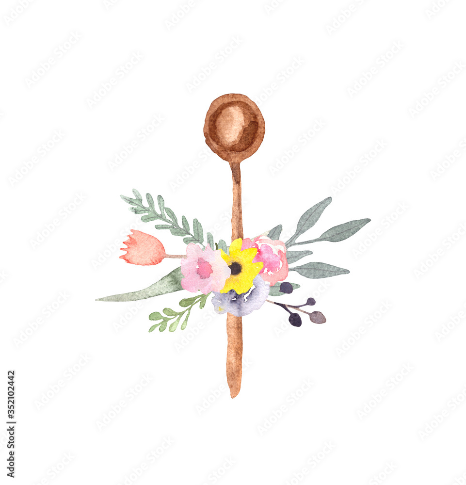 Logo for cake shop and bakery, kitchen with floral elements leaves and flowers roses and cooks. Watercolor illustration.Kitchenwear Logo for cake shop and bakery, kitchen with floral elements leaves and flowers roses and cooks. Watercolor illustration.Kitchenwear