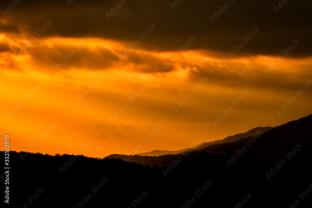 Sunset in the mountains. Bieszczady National Park. Carpathians. Poland.