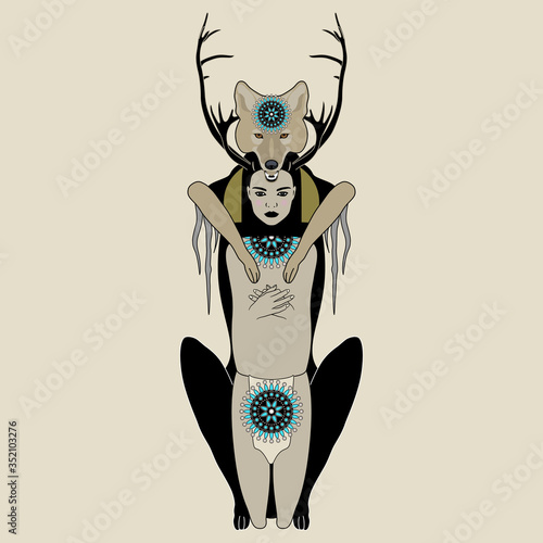 Native American mythology. Coyote trickster and shaman girl. Initiation ceremony. Original style art. Female and male archetypes. Isolated vector illustration.