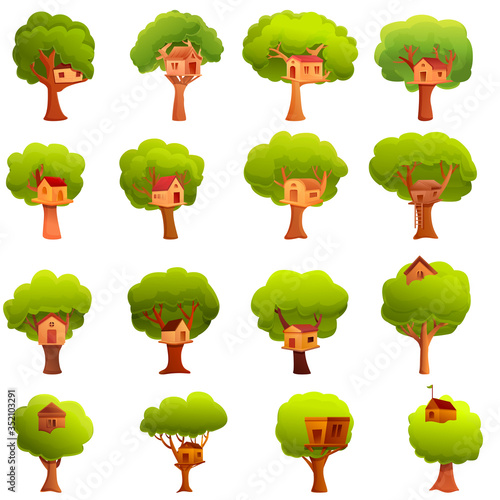 Tree house icons set. Cartoon set of tree house vector icons for web design