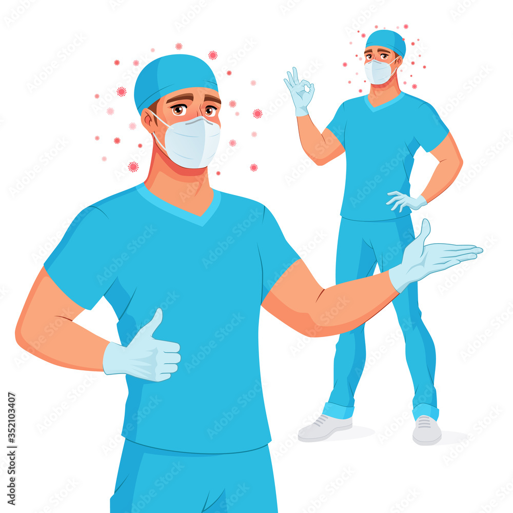 Medical doctor in scrub, mask, gloves showing thumbs up and OK. Protection from Covid-19. Vector illustration.