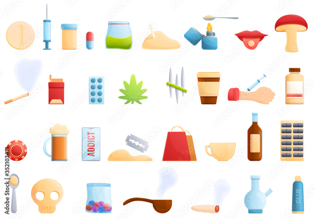 Addict icons set. Cartoon set of addict vector icons for web design Addict icons set. Cartoon set of addict vector icons for web design