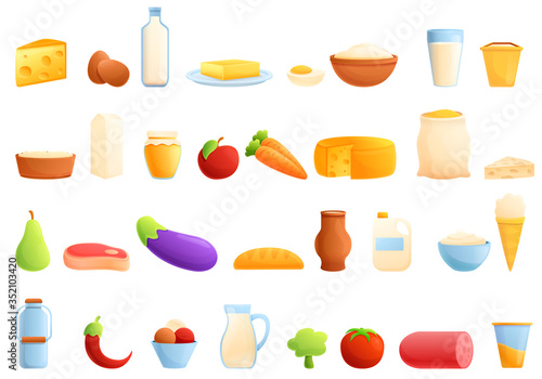 Farm products icons set. Cartoon set of farm products vector icons for web design