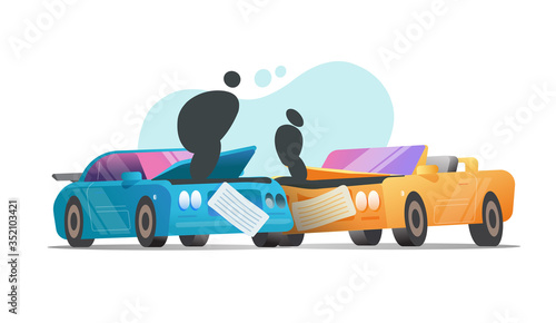 Car crash collision vector or two vehicles accident scene with with broken automobiles flat cartoon style, illustration or broken auto modern design isolated on white background image