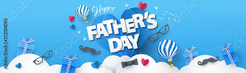 Happy Fathers Day greeting design with origami hearts over clouds, air balloons, gifts, mustache, glasses, bow tie. Holiday illustration for greeting card, banner, social media, promotion and sale