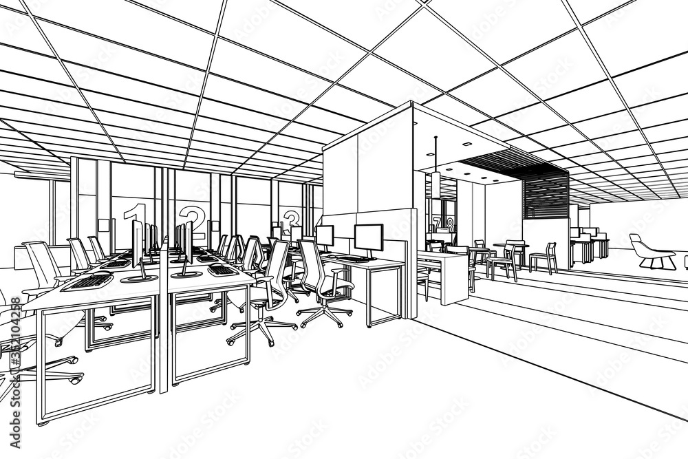 Fototapeta premium architecture; blueprint; business; concept; construction; design; drafting; drawing; furniture; illustration; indoors; interior; isolated; line; modern; monochrome; office; perspective; plan; prints;