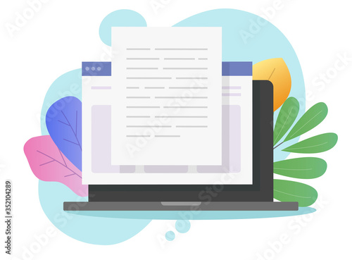 Writing text content online vector on laptop computer or creating essay document or book on pc flat cartoon illustration, copywriting or web text file editing concept modern design colorful image