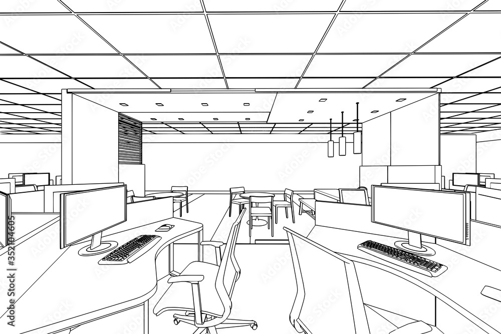 Fototapeta premium interior outline sketch drawing perspective of a space office